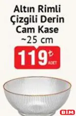 ALTIN RİMLİ ÇİZGİLİ DERİN CAM KASE 25 CM